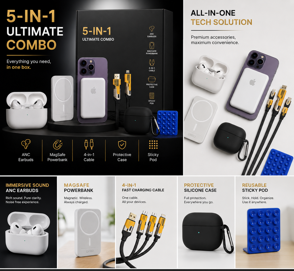 5-in-1 Ultimate Tech Combo Kit – Wireless Earbuds, MagSafe Power Bank, 4-in-1 Fast Charging Cable, Protective Case & Sticky Pod